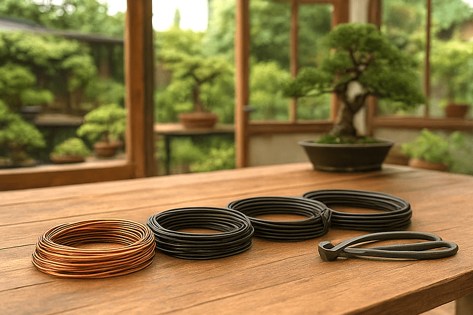 Alambres para bonsáis en taller