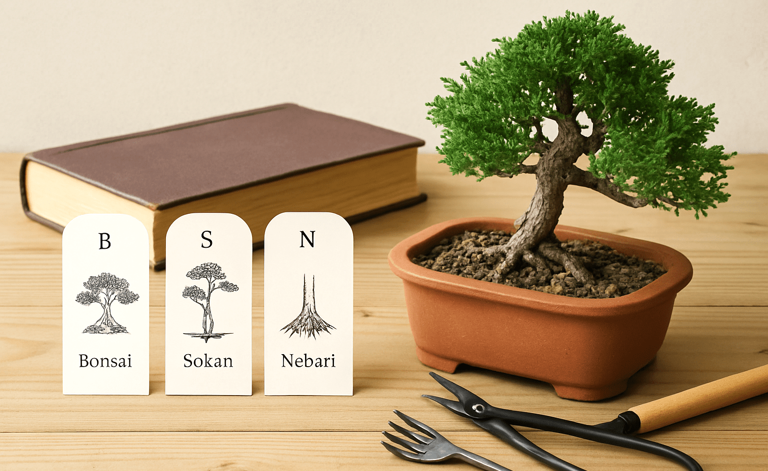 Elementos del cuidado del bonsái con etiquetas y libro
