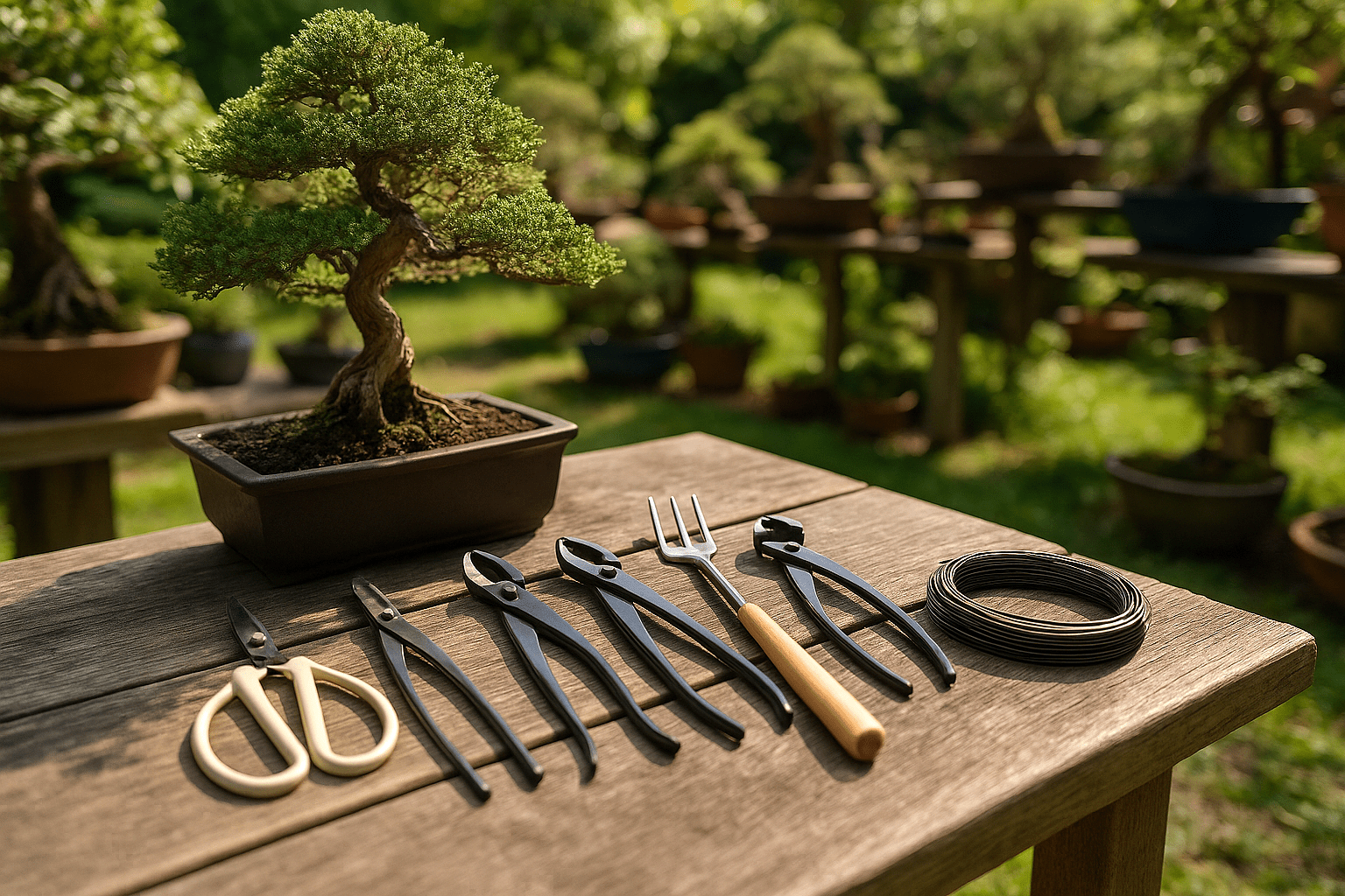 Herramientas para bonsái en jardín
