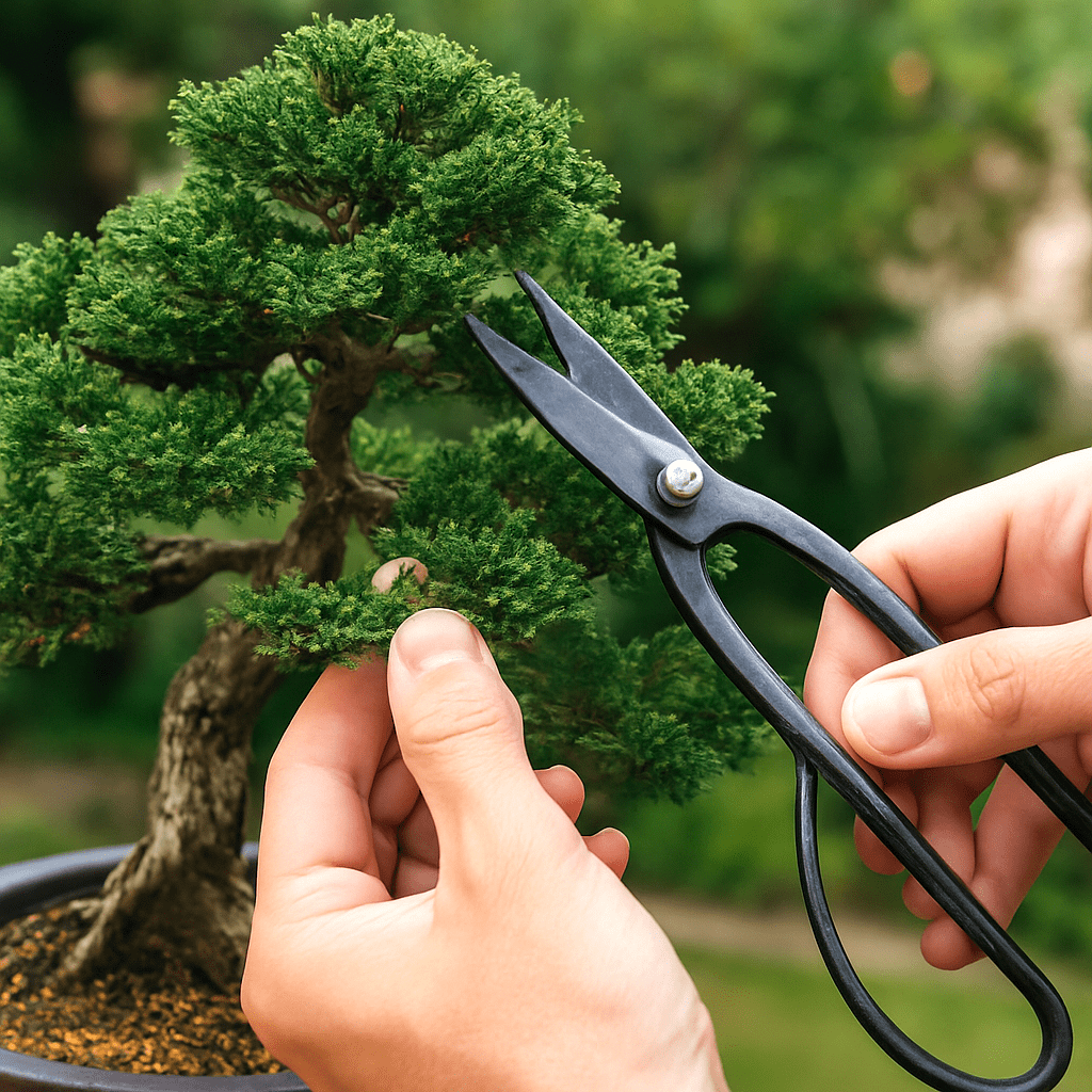 Poda de bonsáis con herramientas especializadas