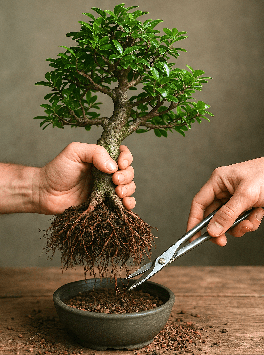 Poda de raíces en bonsái durante trasplante