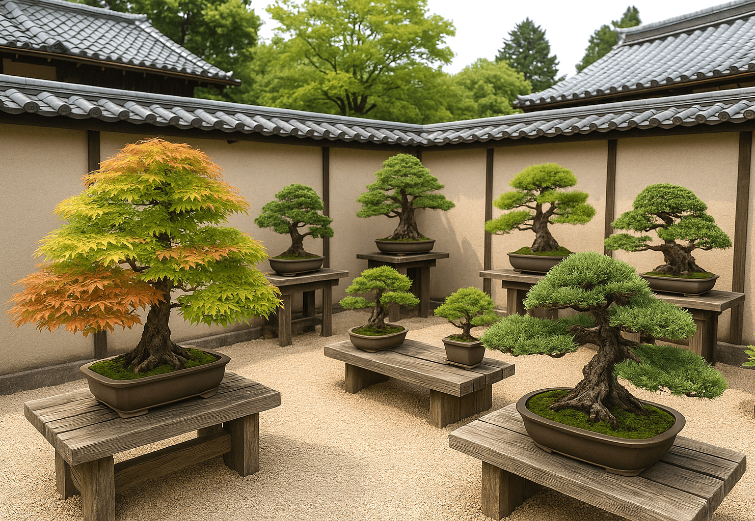 Tipos de Bonsáis en un patio